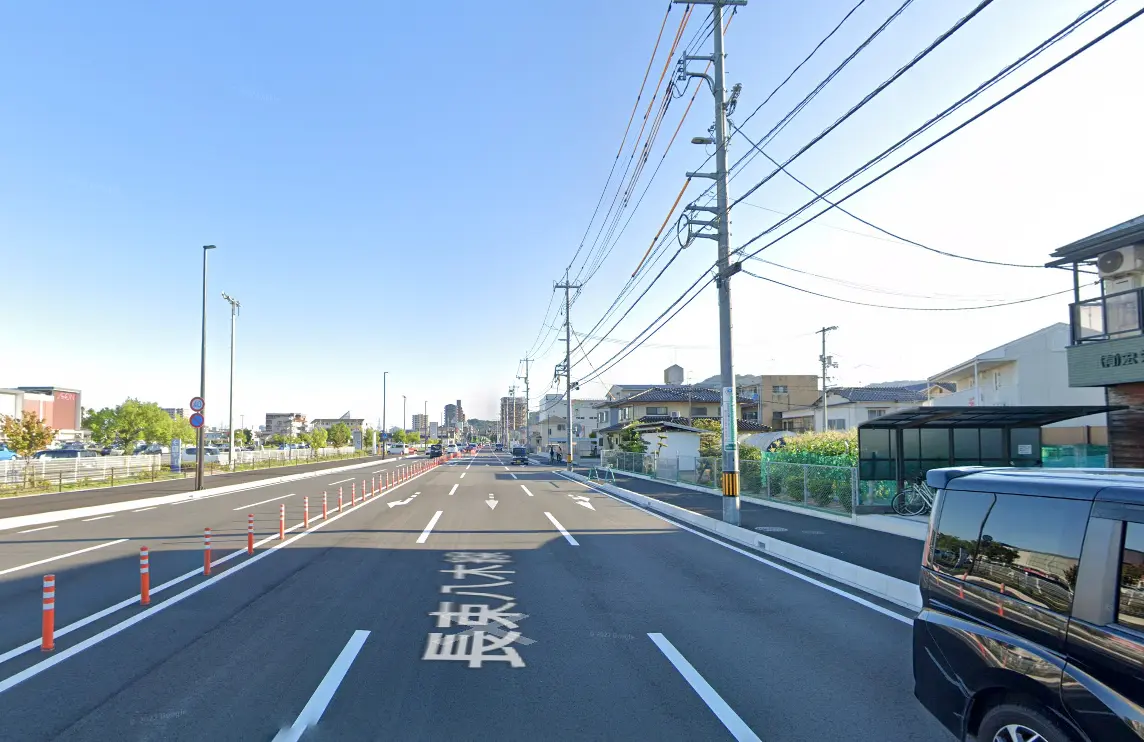 幅の広い道路とその両脇に整備された歩道、電線が張られた街並み。